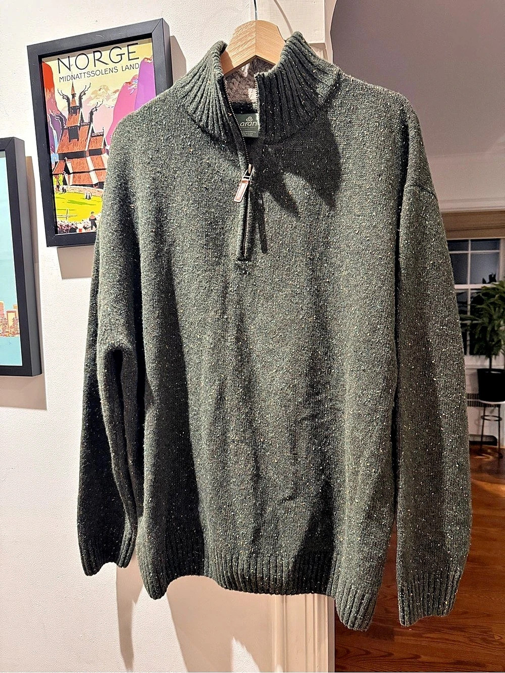 Aran Woollen Mills Lambswool Blend Quarter Zip Pullover Sweater Flecked Green